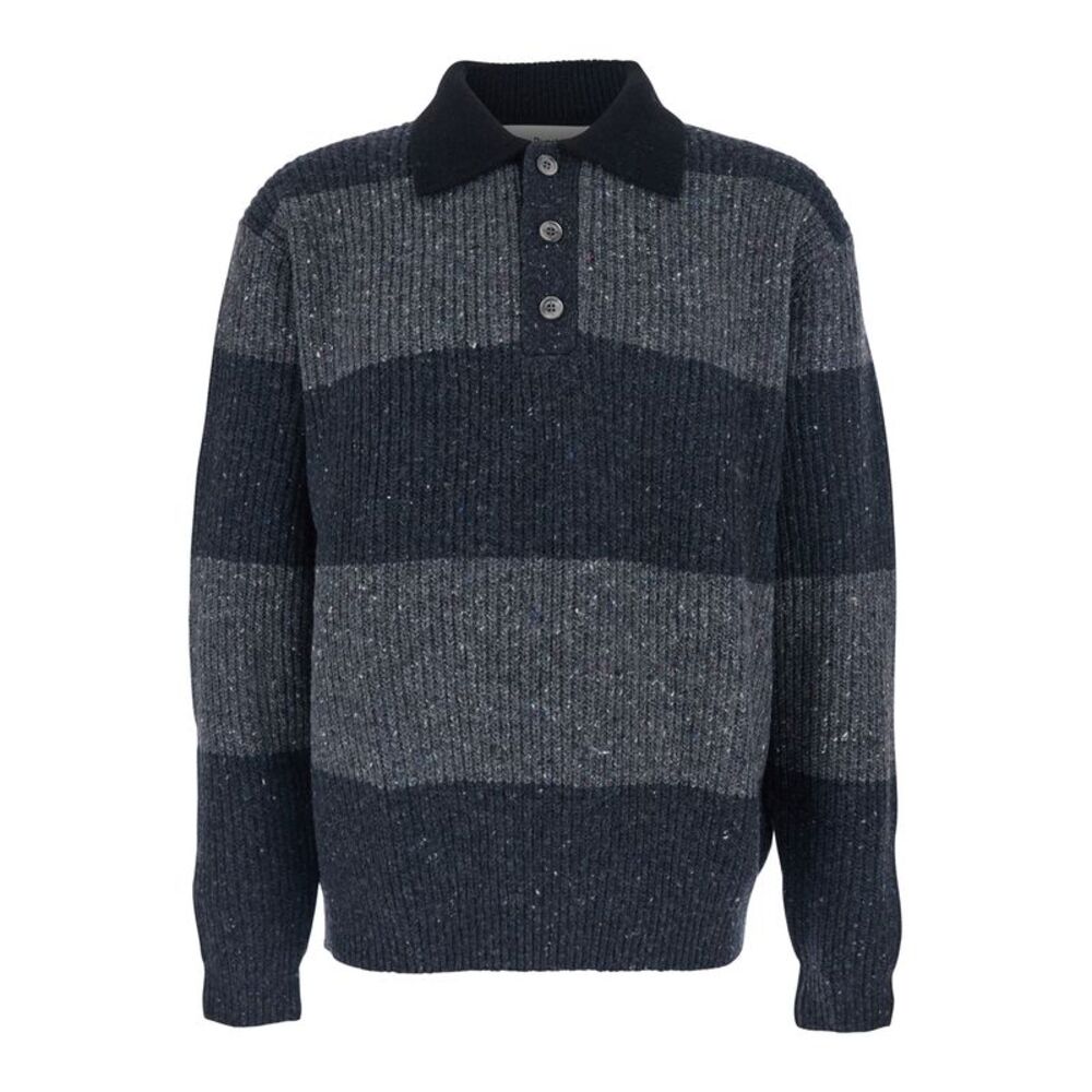 Dunst Men Grey Polo Shirt With Ribbed Design And Striped Motif In Wool Man